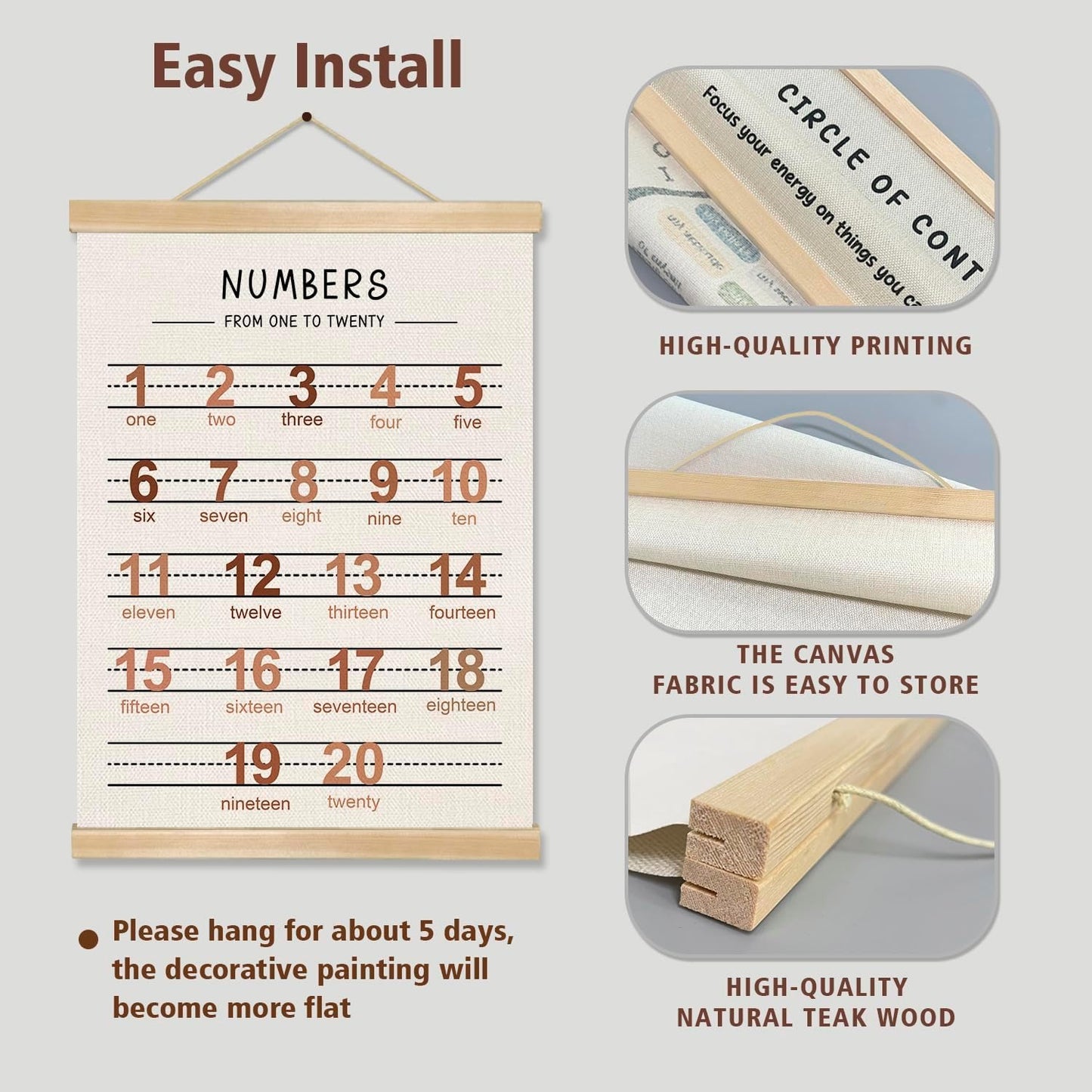 Alphabet and Numbers Wall Chart Set of 2 ,Kids Educational Posters,ABC and 1-20 Number Learning Banners for Toddlers, Preschool Classroom, Homeschool, Nursery, Playroom Decor 14 x 18.5 Inch (Brown)