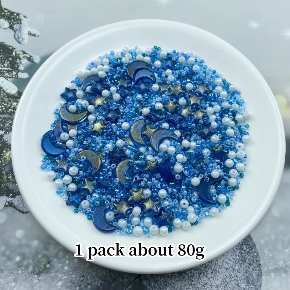 Assorted Glass Beads for Jewelry Making Multi Size Colors Glass Star Moon Seed Pearl Spacer Beads for Bracelets Necklace Earring Making(White Ink Blue)