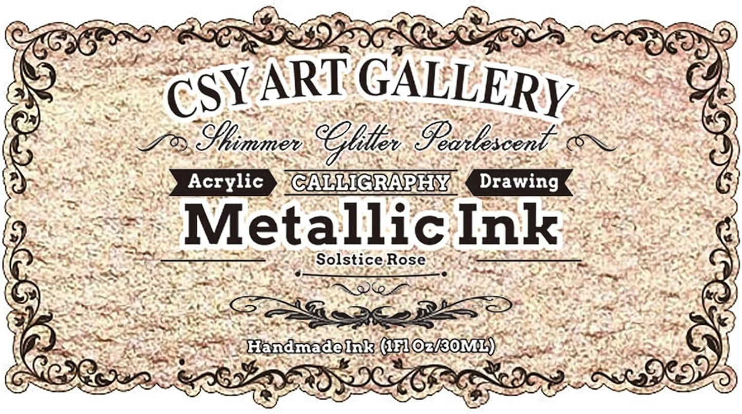 CSY Art Gallery Metallic Acrylic Ink, 1-oz(30ml) Bottle with Dropper, Quick Dry Permanent Acrylic Drawing Inks for Artist (Solstice Rose)