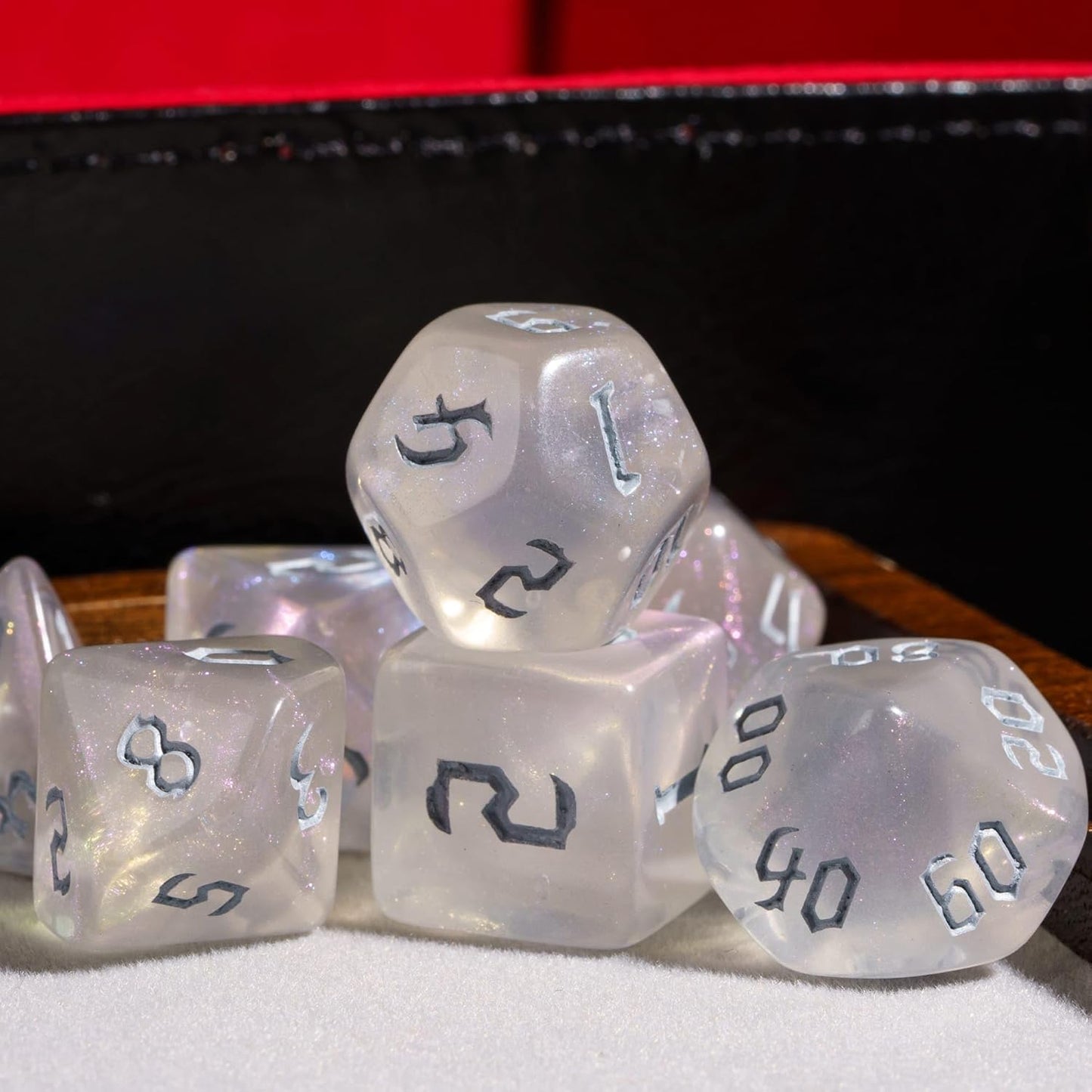 7-Die DND Dice Set Polyhedral Dice Set with Leather Bag D&D Dice Set for RPG Table Games (Transparent w/Glitter)