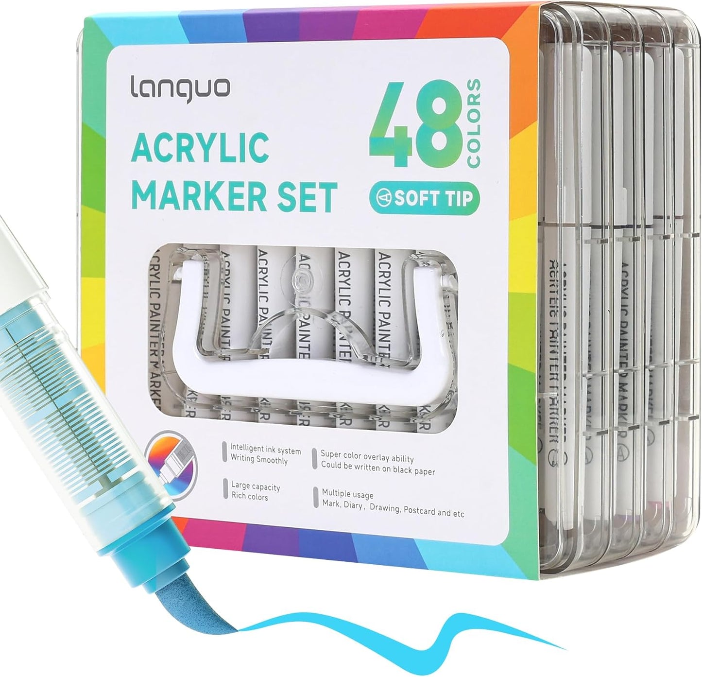 48 Colors Acrylic Paint Markers Pens Set, Soft Brush Tip Markers with Fast Drying & No-Bleed Ink, Acrylic Paint Pens for Rock, Wood, Egg, Ceramic, Fabric Painting, Art Supplies and DIY Crafts