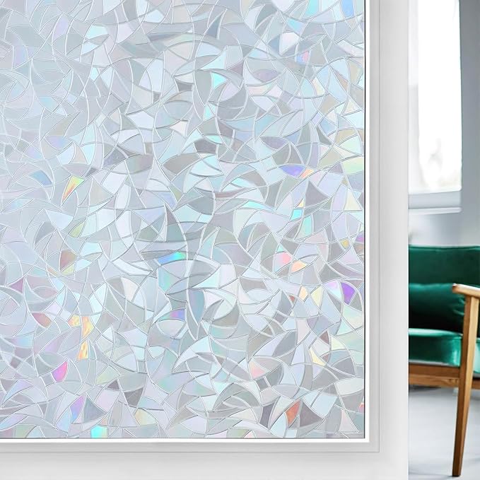 rabbitgoo Window Privacy Film Rainbow Film Decorative Window Sticker, 3D Static Stained Glass Cling Tint for Home Heat Control Non-Adhesive, Grayish Silver, 17.5 x 118.1 inches