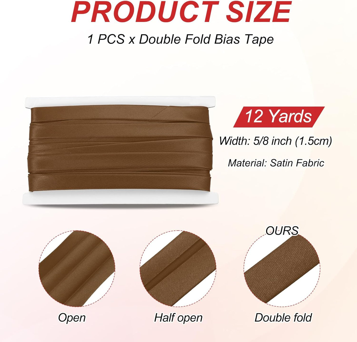 MECCANIXITY Double Fold Bias Tape for Sewing 5/8 Inch x 12 Yards Satin Pre-fold Continuous Binding Tape for Seaming Quilting Hemming Binding DIY Crafts, Coffee