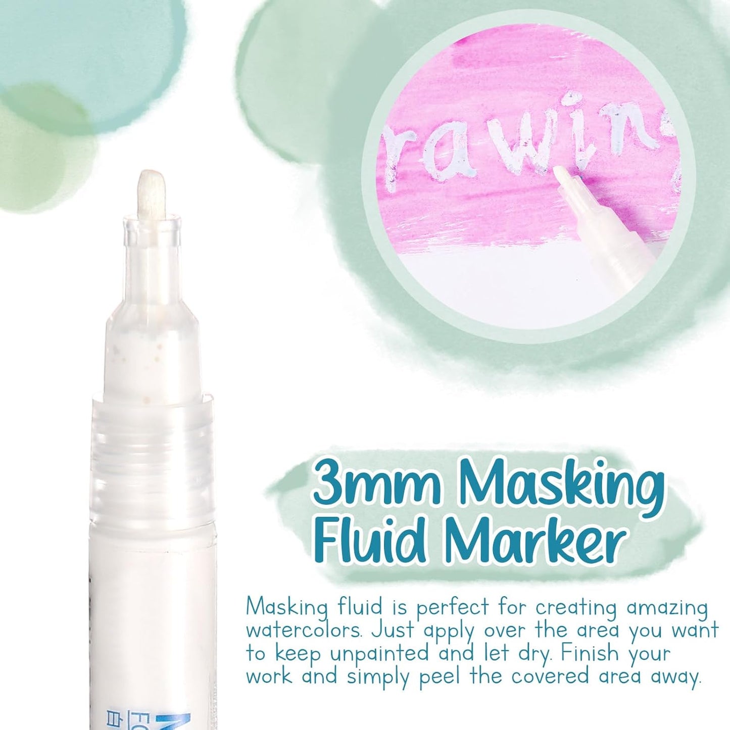 2 Pcs Masking Fluid Pen for Watercolor Painting, Capacity with Applicator Tip, Masking Fluid Marker for Various Art Projects Watercolor Ink(White,3mm)