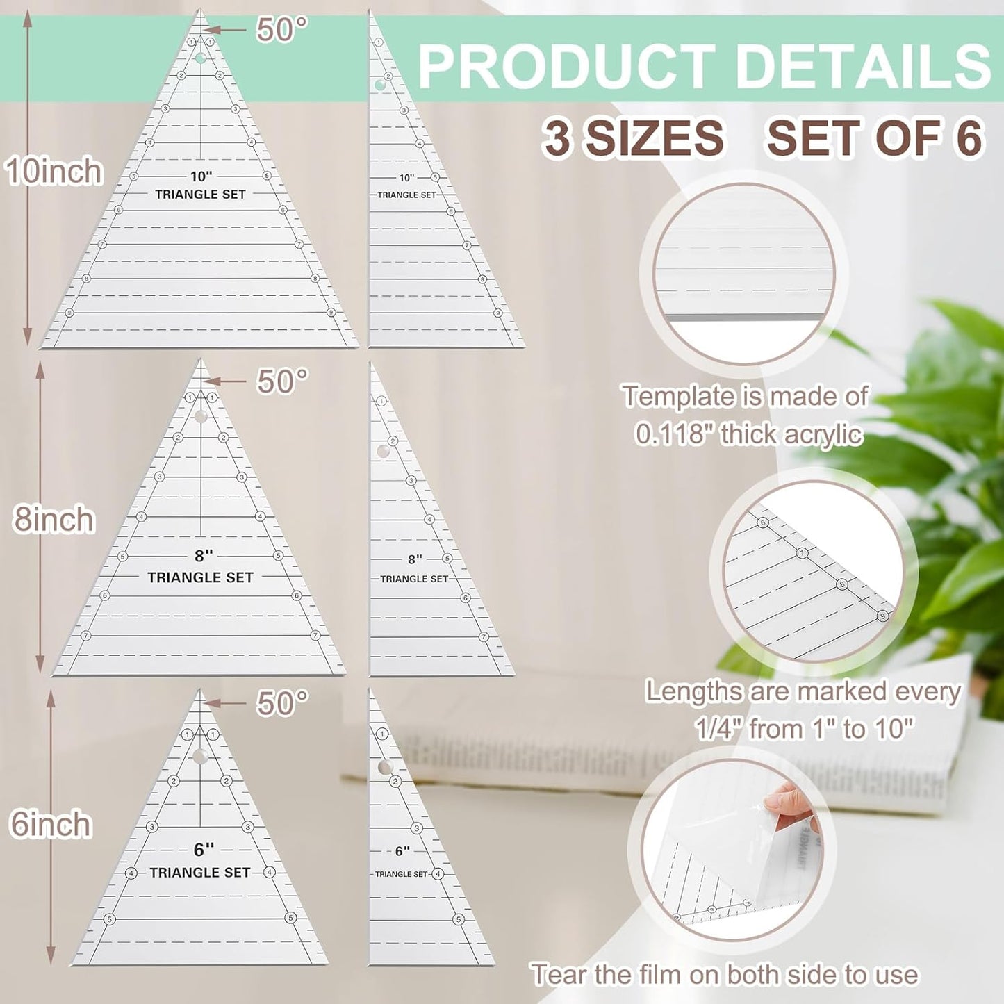 Kigley 3 Set Tall Triangle Rulers for Quilting 6 8 10 Inch Wedge Triangle & Wing Quilting Rulers and Templates Acrylic Quilt Templates for Sewing Layer Cake Patchwork Cutting Pattern DIY Craft