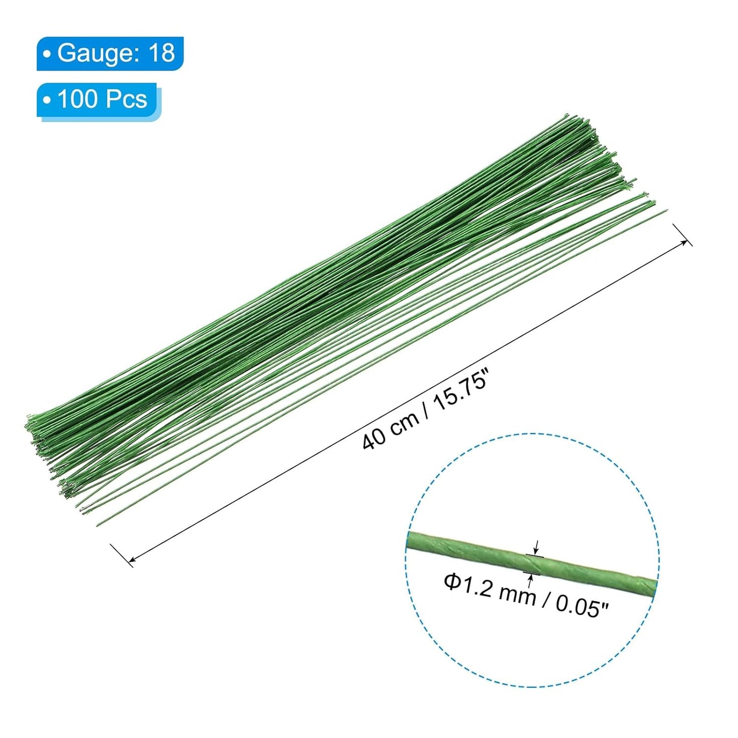 PATIKIL 18 Gauge 16" Floral Stem Wire, 100 Pcs Paper Wrapped Iron Artificial Flower Stem Accessories for DIY Bouquet Stem and Craft Decoration, Light Green