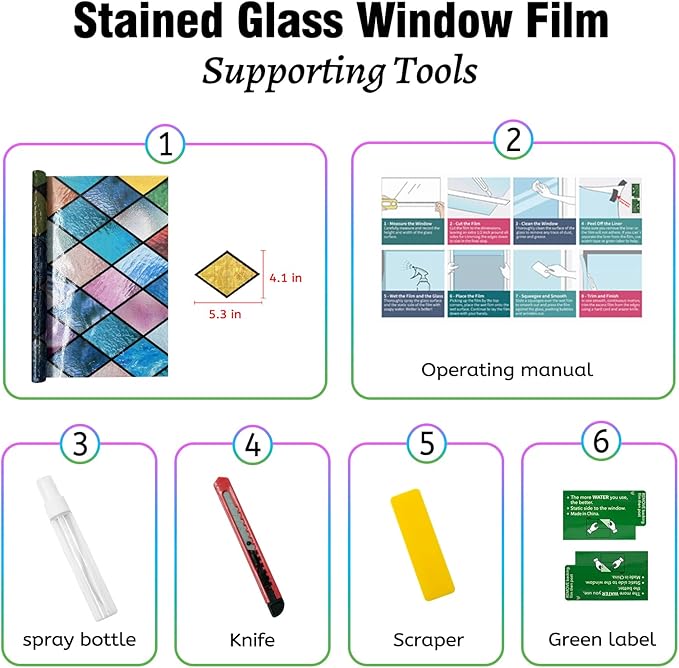 QHY Sunshine Colorful Rainbow Stained Glass Window Film Non-Adhesive Window Privacy Film Reusable Decorative for Room (Chequered Rainbow, 35.4 X 157.4 in)