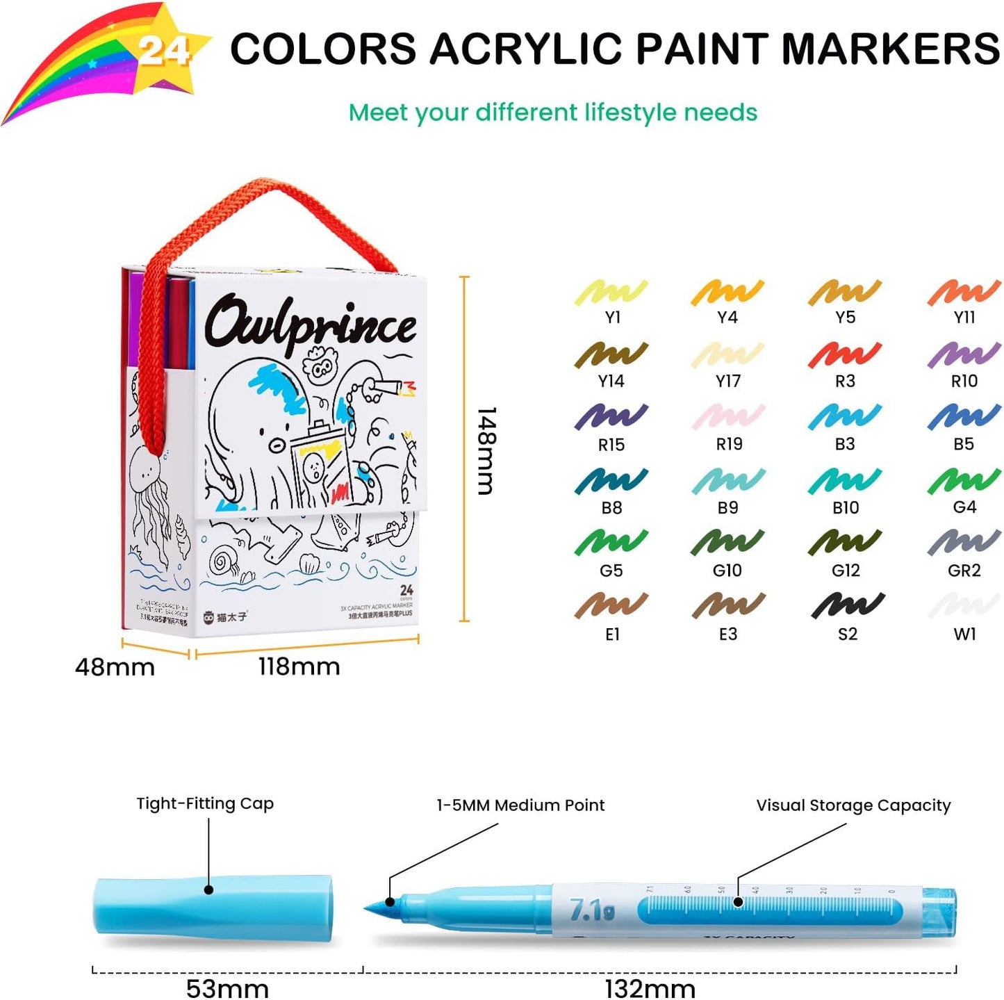 Mooking Paint Markers, 7.1G Capacity Acrylic Paint Markers with Automatic Ink Control and Bullet Tip, 24 Colors Water-Based No-Bleed Paint Pens for Arts & Crafts, Kids Activity, School Classroom