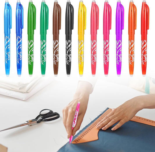 12pcs Heat Erasable Pens for Fabric, Fabric Marking Pens Fabrics Markers No Ghost Lines, Disappearing Ink for Precise Marking for Quilting Sewing Embroidery DIY Dressmaking Fabrics Tailors Chalk