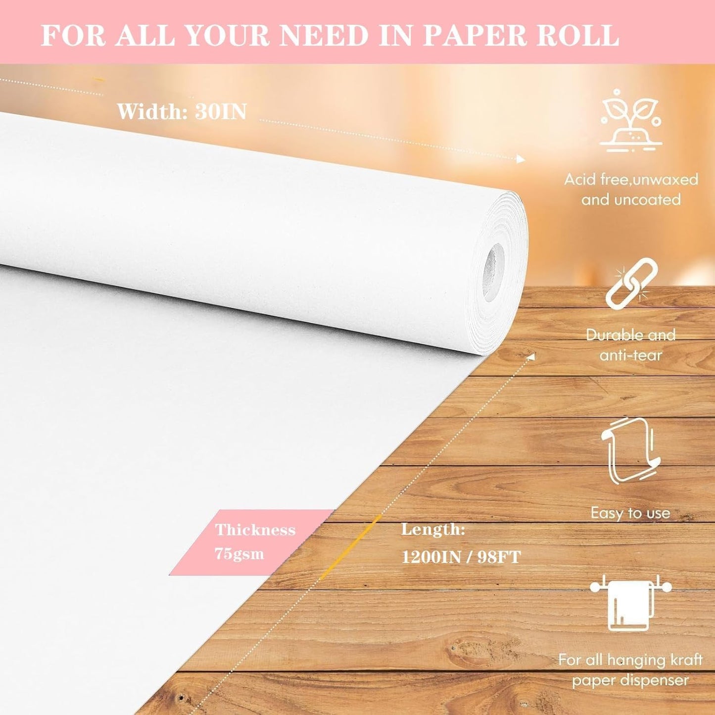 White Wrapping Paper Roll 30"x 1200" Craft Paper Roll for Drawing Painting Art Supplies, White Paper for Easel Poster Bulletin Board, Kraft Paper Roll for Packing Moving, Gift Wrapping