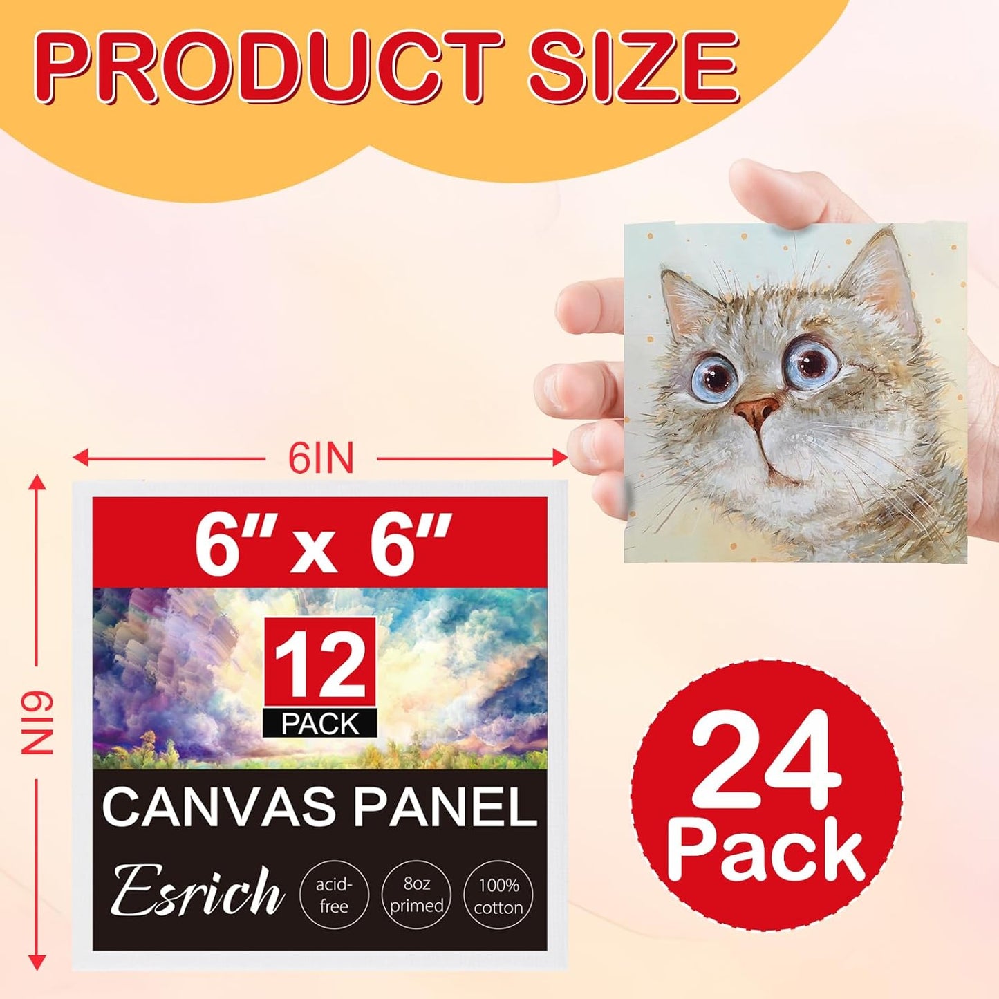 ESRICH 6x6 Canvas for Painting, 24 Pack Canvas Boards Cotton Painting Canvas Primed Acid Free Small Blank Canvases Panels for Oil Paint, Watercolor, Acrylic Paint, Gouache, Tempera.