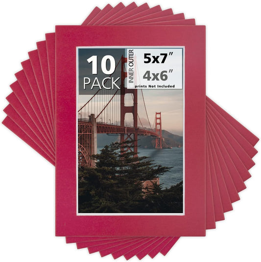 Mat Board Center, Pack of 10, 5x7 for 4x6 China Red Color Mats - Bevel Cut, Acid Free, 4-ply Thickness, White Core - for Pictures, Photos, Framing