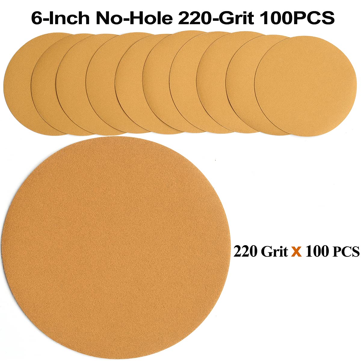 6-Inch No-Hole Hook and Loop Sanding Discs 220-Grit, Random Orbital Sandpaper for Automotive and Woodworking, 100-Pack