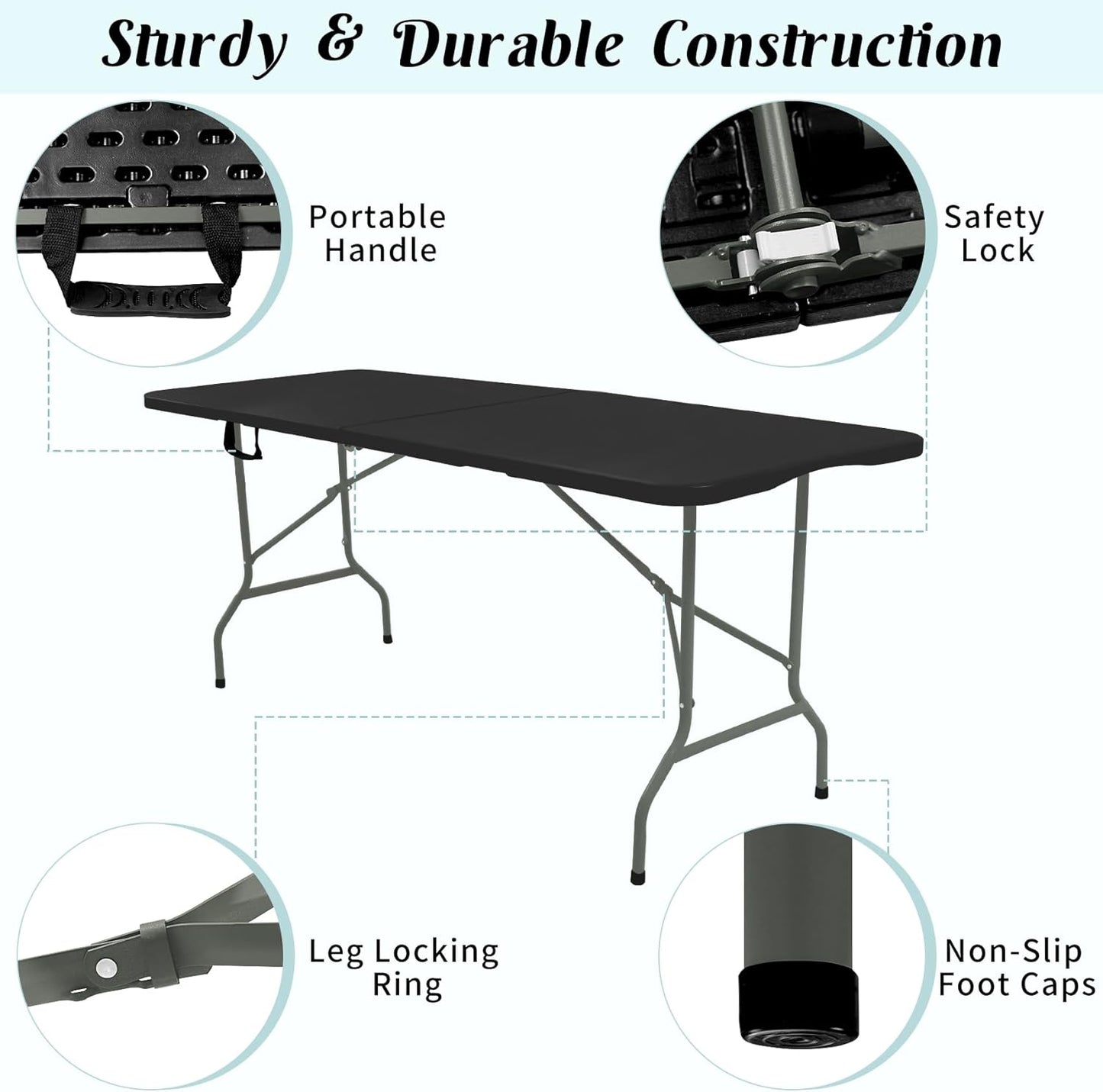 2 Pack 6 FT Folding Tables Black Foldable Table, Fold-in-Half with Carrying Handle Portable Plastic Rectangular Table for Party, Dining, Wedding, Camping, Picnic, Indoor Outdoor Events