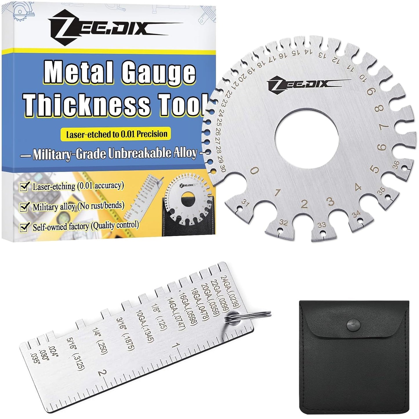 ZeeDix Wire Gauge Measuring Tool (2 Pcs) - Round Dual Sided Metal Sheet Gage & Metal Sheet Thickness Gauge, Stainless Sheet Wire Size Chart & Welding Measurement Tool