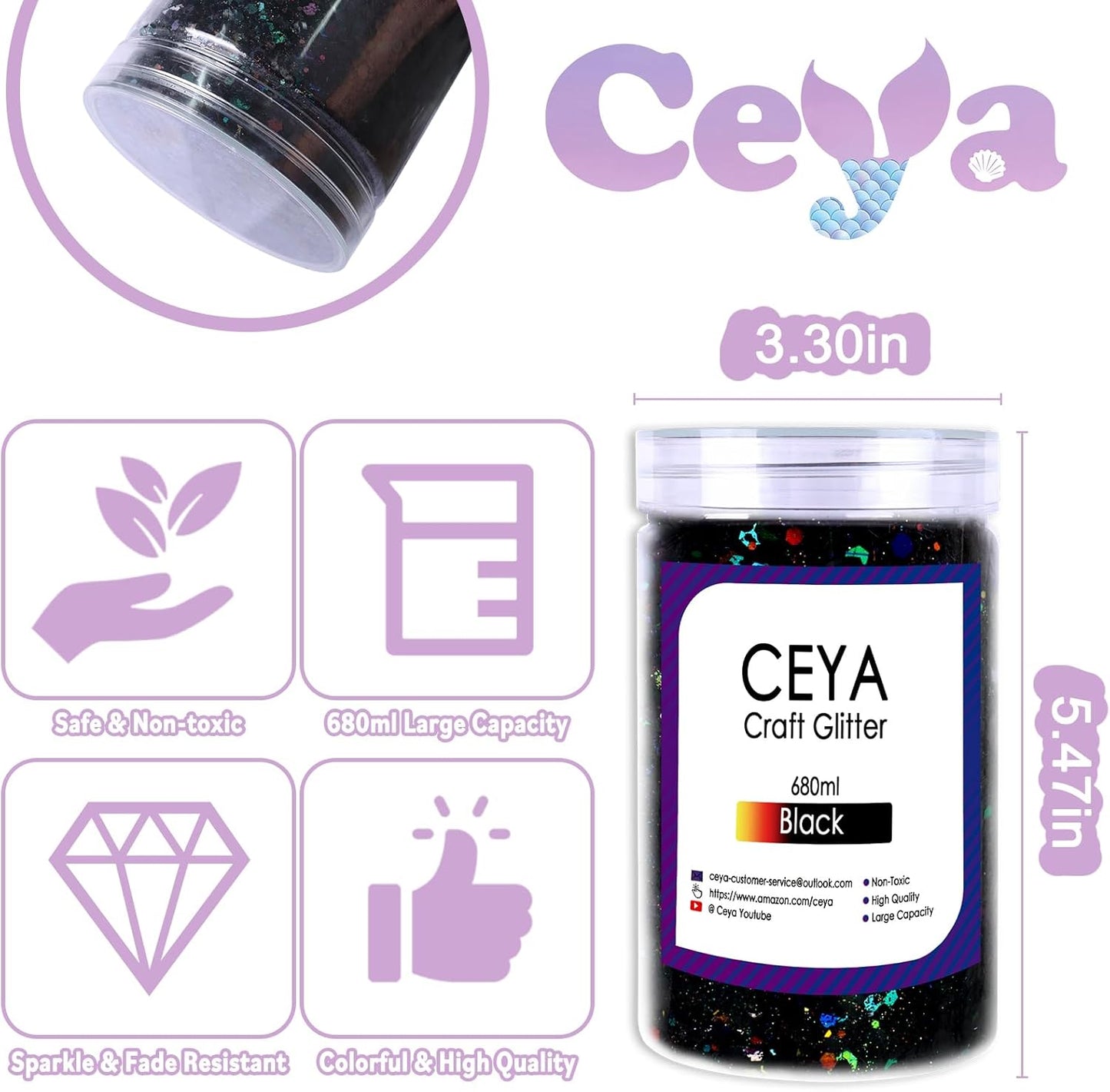 Ceya Holographic Chunky Glitter, 1 LB/ 16OZ Laser Black Bulk Craft Glitter Mixed Chunky Fine Glitter Bottled Metallic Flake Nail Sequins for Resin, Tumblers, Scrapbooking, Festival Decor, Art Project