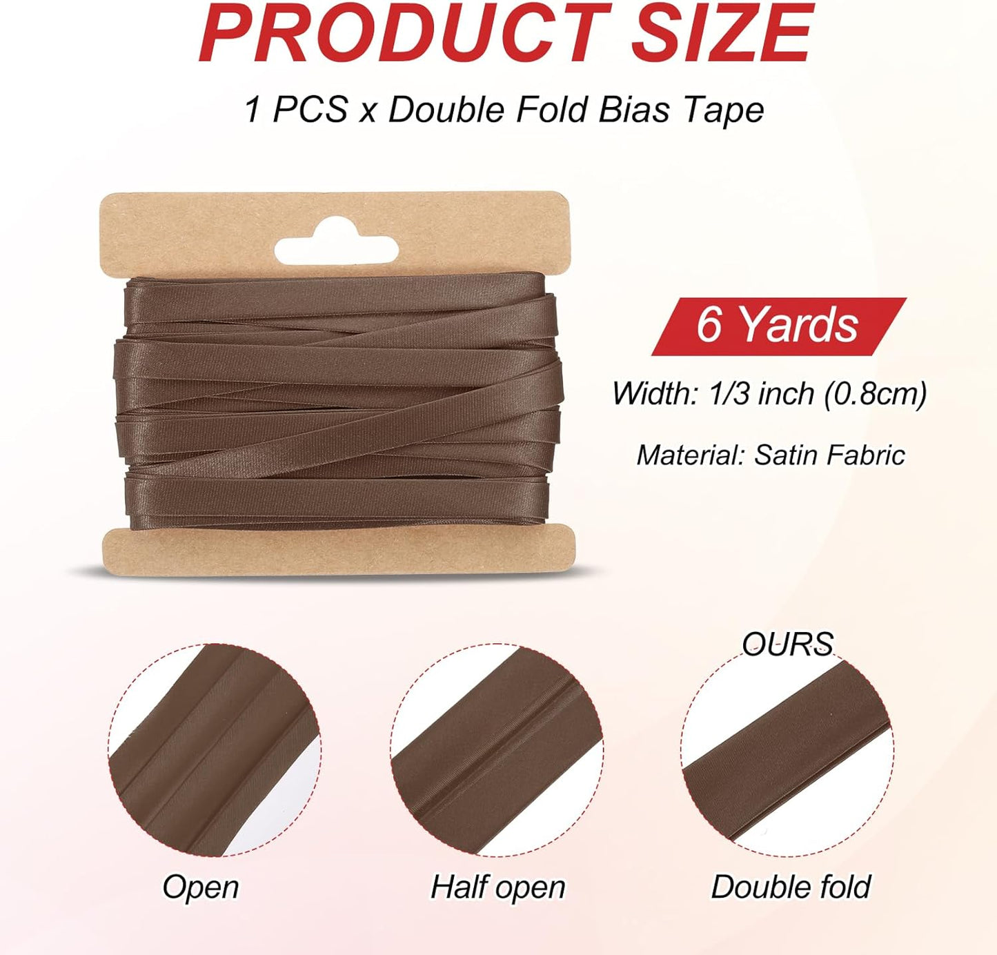 MECCANIXITY Double Fold Bias Tape for Sewing 1/3 Inch x 6 Yards Satin Pre-fold Continuous Binding Tape for Seaming Quilting Hemming Binding DIY Crafts, Brown