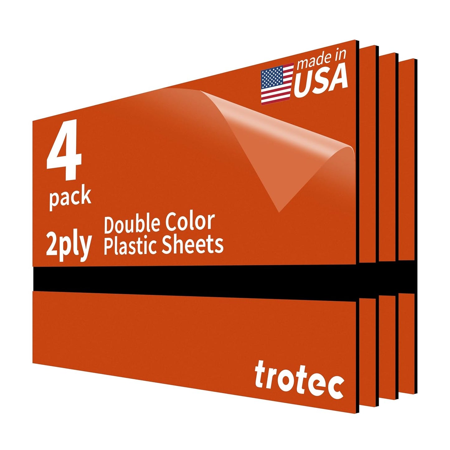 Trotec TroLase | 12"x20"x1/16", 4 Pcs | Orange/Black| 2 Ply | Modified Acrylic | Laser Engraving Double Color Plastic Sheet | Engraving Blanks for Laser, Saw, Guillotine | Made in USA