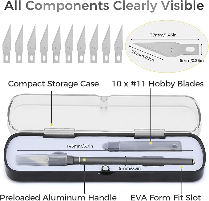 Exacto Knife Set, 12 Pcs Precision Craft Knife Kit with Aluminum Handle (Preloaded Blade), 10 Sharp #11 Hobby Knife Blades, Storage Case – for Paper, Foam, Plastic, Leather, Wood
