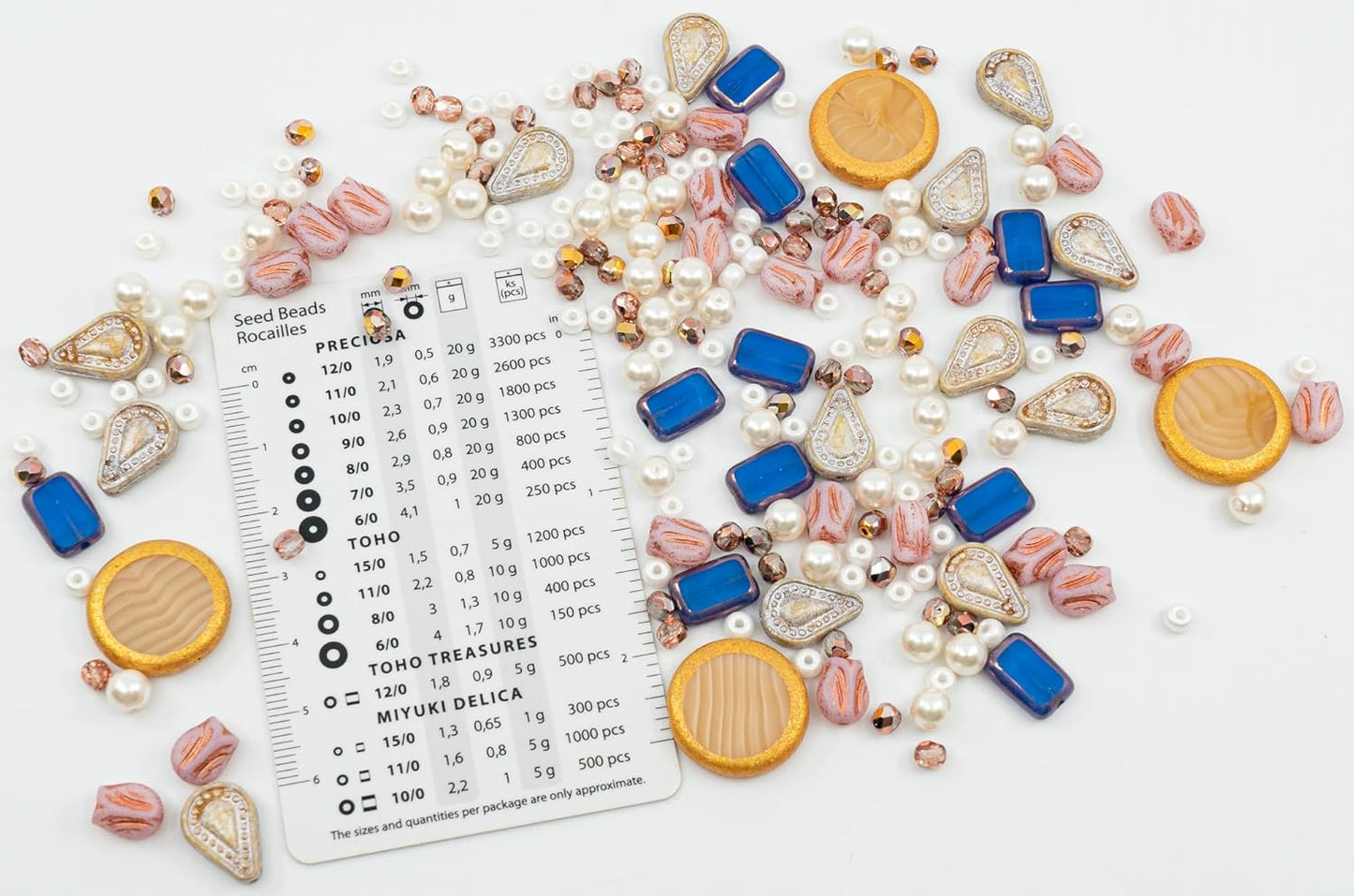 2.1oz (60g) of Glass Bead Mix with Pearls, Filigree Teardrops and Fresca Czech Beads, Beige Star Light