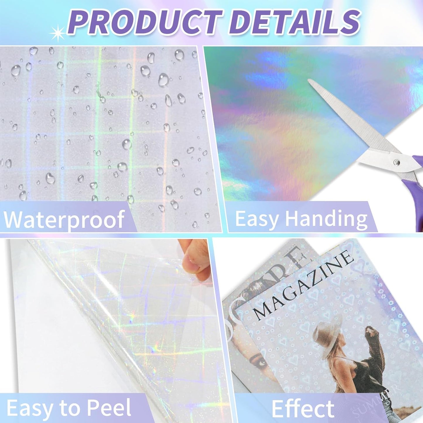 36 Sheets Holographic Sticker Paper,Holographic Laminate Sheets,A4 Size Clear Vinyl Sticker Sheets Self-Adhesive Rainbow Overlay Sheets with 6 Styles Mixed,11.7 x 8.3 Inches