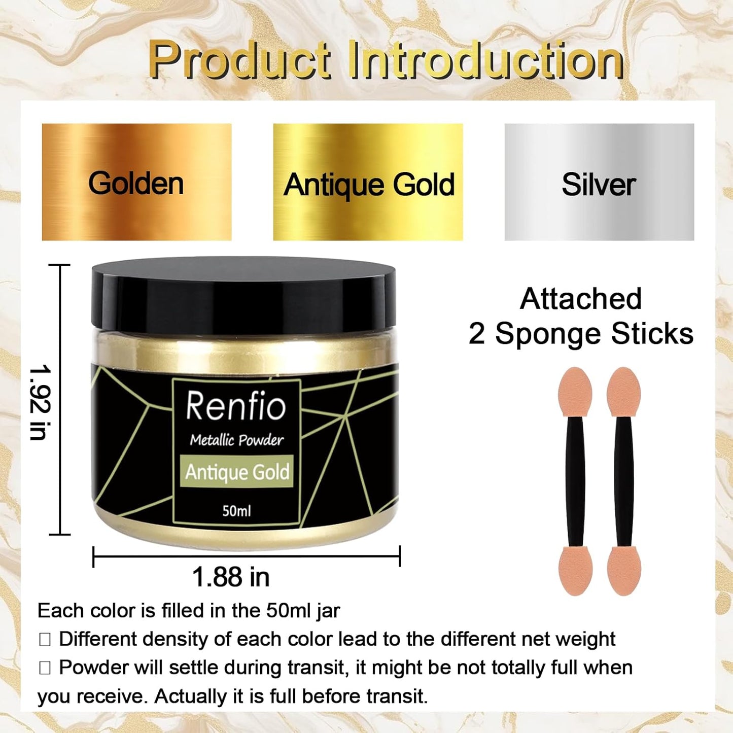Renfio Metallic Pigment Powder,Gold Mica Powder for Resin,50ml Golden Resin Color Pigment for Kintsugi,Polymer Clay,Crafts,Slime,Candle,Nail,Paint,Fabric,Festival,Decoration
