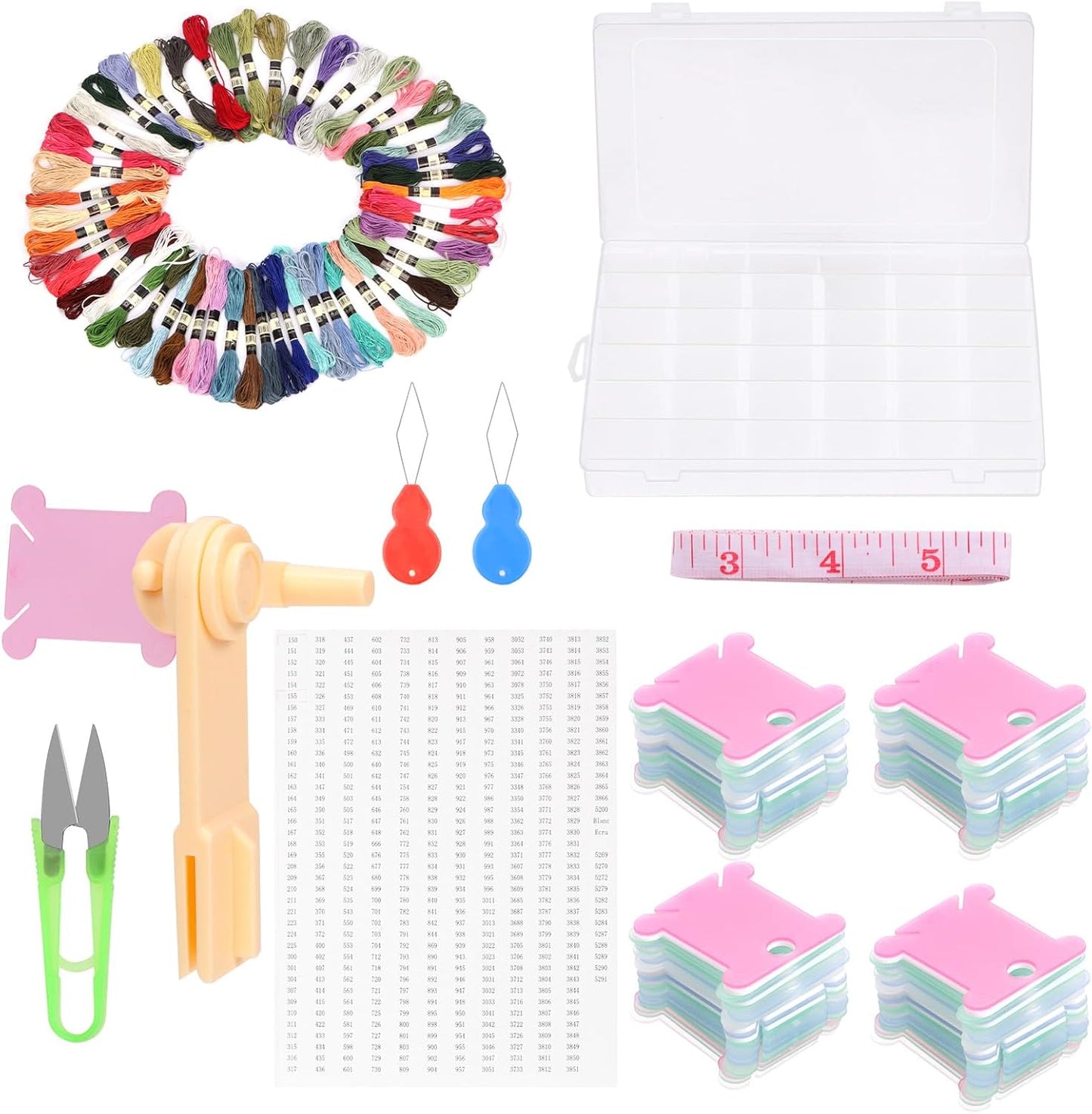 Tanstic 157Pcs Embroidery Floss Organizer Kit, Include 50 Color Embroidery Floss, Floss Bobbins, Bobbin Winder, Stickers, Needle Threader, Ruler, Scissor with 36 Compartments Jewelry Storage Box