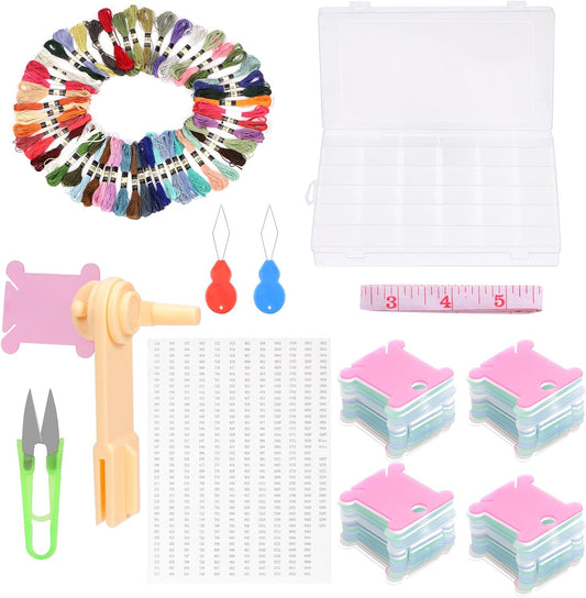 Tanstic 157Pcs Embroidery Floss Organizer Kit, Include 50 Color Embroidery Floss, Floss Bobbins, Bobbin Winder, Stickers, Needle Threader, Ruler, Scissor with 36 Compartments Jewelry Storage Box
