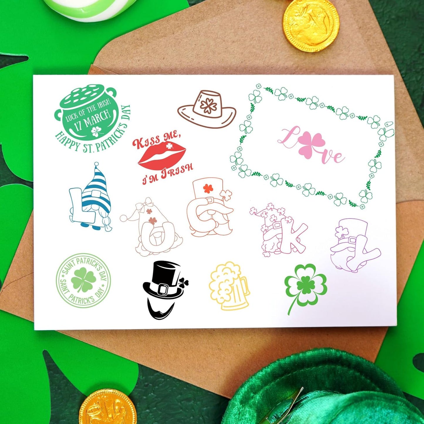 Whaline 5 Sheet St. Patrick's Day Clear Stamps Wreath Shamrock Lucky Words Silicone Transparent Stamps Border Stamp Cards for Irish DIY Crafts Card Making Scrapbooking Embossing Album Decor