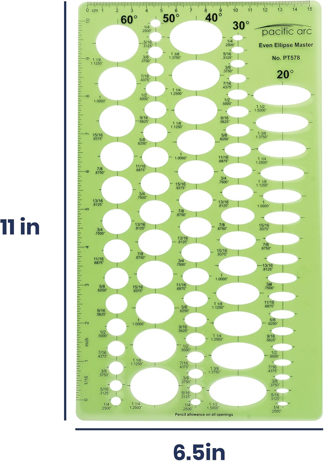Pacific Arc Even Ellipse Master Template Guide, 79 Ellipses in 5 projections of 20, 30, 40, 50, and 60 Degrees
