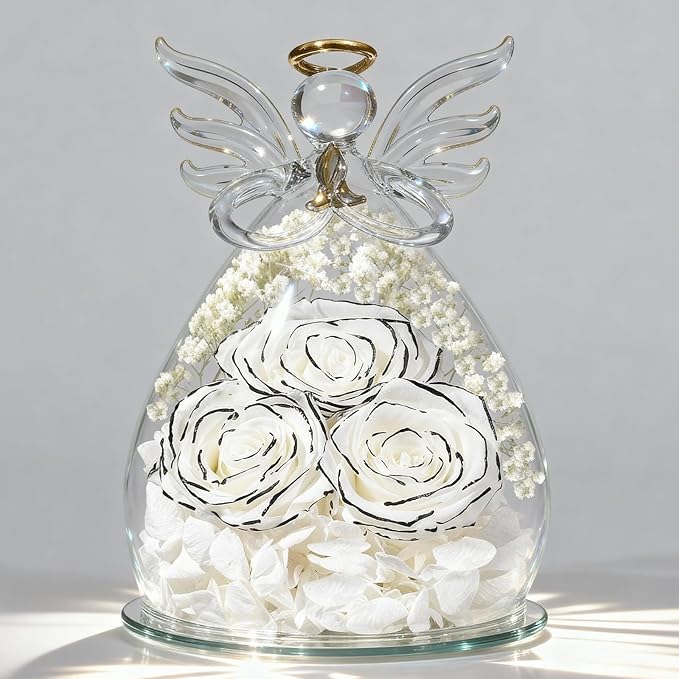 Beferr Valentines Day Rose Gifts for Her Women Mom Gifts for Birthday, Fresh Flowers for Delivery Forever Preserved Rose in Glass Angel Figurine, for Grandma Wife Daughter Girlfriend