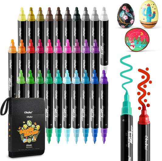 Ohuhu Acrylic Paint Pens 30 Colors: Dual Tips (Round & Fine) Acrylic Markers High Opacity Paint Markers Waterproof Lightfast for Rock Painting Easter Eggs Wood Glass Ceramic Canvas - Kakaako