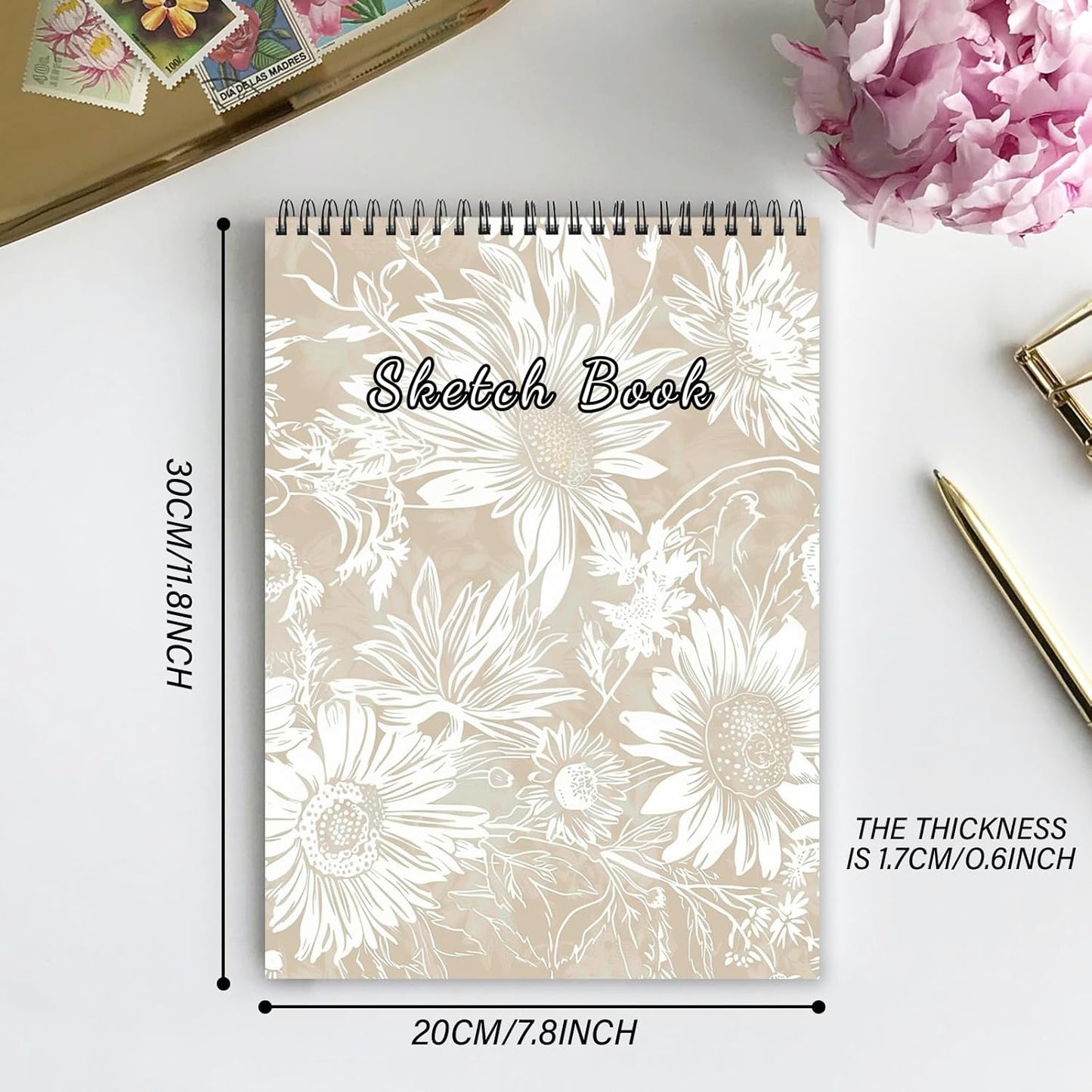 Cabreche Cute Sketchbook Top Spiral Bound Sketch Pad, 9 x 12 inch,100GSM Thick Paper,50 Sheets 100 Pages,Art Sketch Book Artistic Writing Drawing Paper for Girls Women Beginners-Golden Sunflower