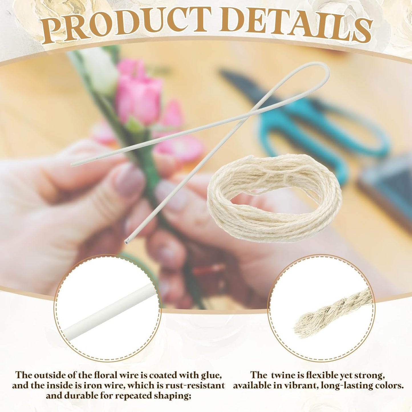 uxcell 50Pcs 2 Gauge Floral Wire, 11.81" Length Flower Stem Wires with 0.08" x 32.8ft Twine for Wreath Making, Flower Arrangement, White