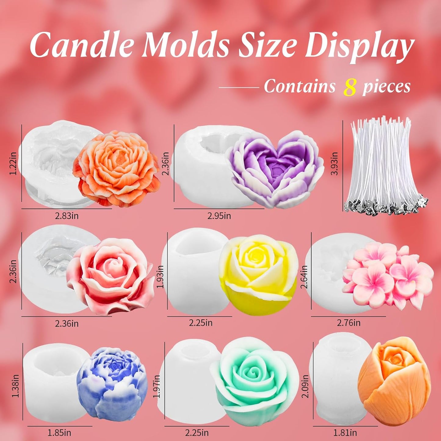 8Pcs Rose Flower Tulip Peony Heart Candle Soap Wax Mold Valentine Day Silicone for Small Butter Candles Chocolate Making Molds Silicones Shapes Moldes De Rosas Silicona para Velas