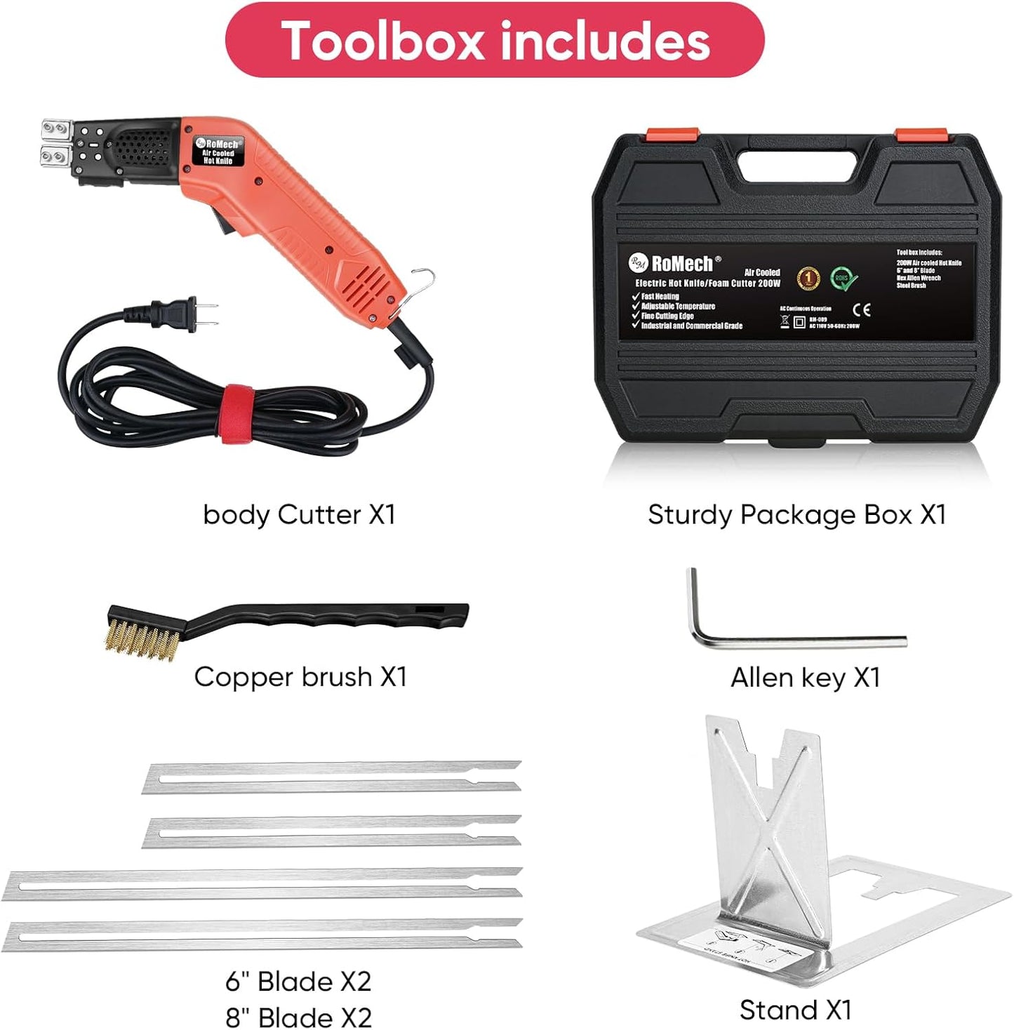 ROMECH Foam Cutter Pro Electric Hot Knife, 200W Air Cooled Styrofoam Cutting Tool Kit- with Heavy-duty Case Blades & Accessories RM-009 (200W Air Cooled)