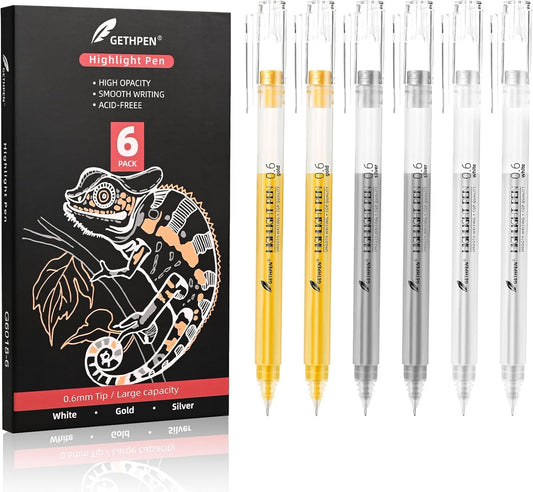 White Gold and Silver Gel Pen Set, 0.6mm Extra Fine Point Pens Gel Ink Pens Opaque Archival Ink Pens for Black Paper Drawing,Sketching,Card Making, Illustration, Bullet Journaling, 6 Pack