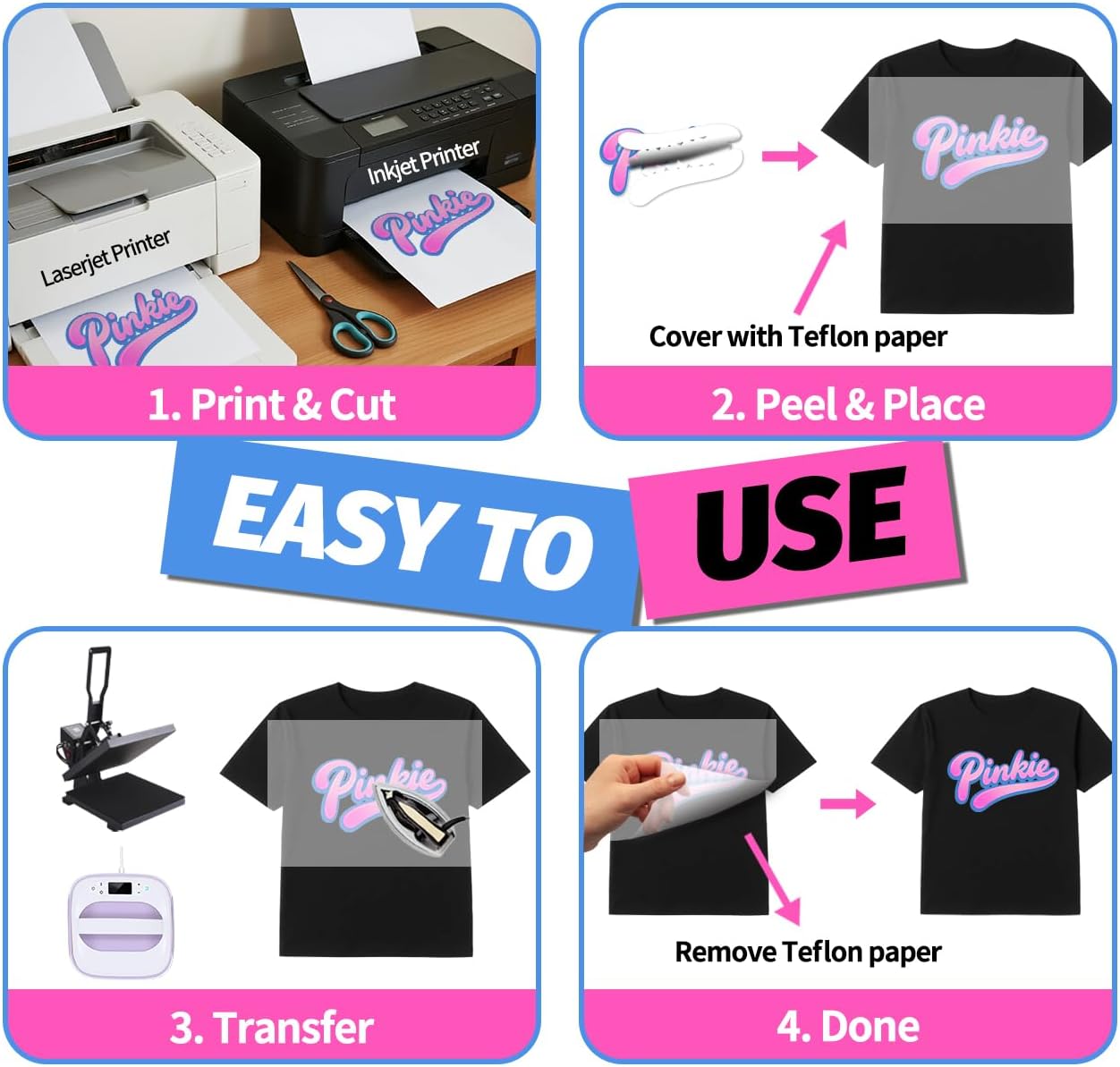 Lovein-Pinkie Heat Transfer Paper for Laser & Inkjet Printer (10 Sheets 8.5x11", Dark Plus) Printable Iron on Transfer Paper for Dark Fabric, Printable Heat Transfer Vinyl for T Shirts
