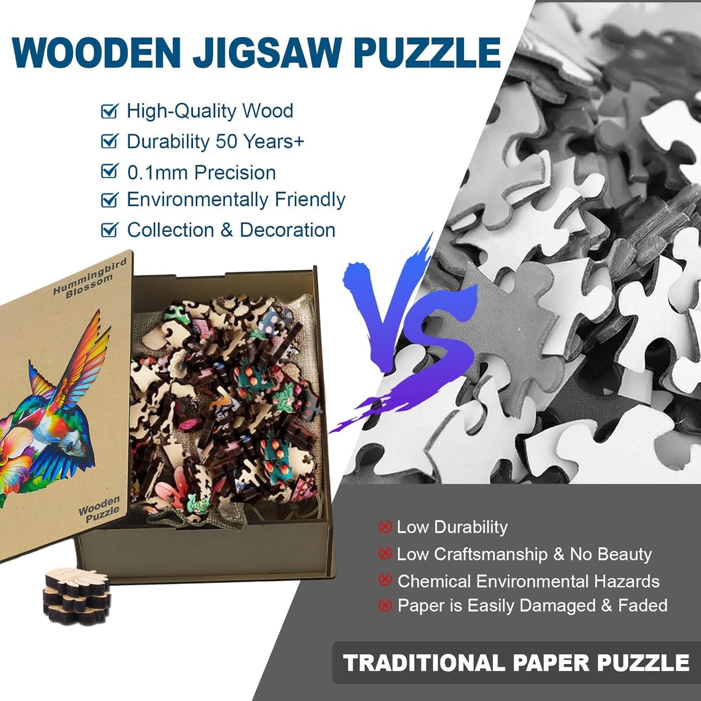 Wooden Jigsaw Puzzles for Adults and Kids, Hummingbird Blossom 200 Piece Unique Shaped Puzzle, Family Game and Creative Wooden Puzzle Gift, Wall Art Decor