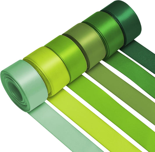 1 Inch Green Satin Ribbons for Crafts, 6 Rolls Single-Faced Green Assorted Ribbons for Gift Wrapping Flower Bouquet Wedding Invitations Bridal Shower Hair Bows Garland Party Decor