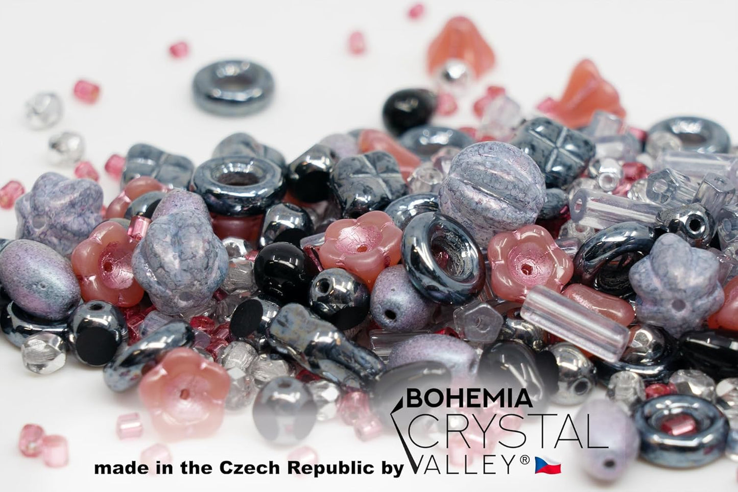 2.1oz (60 g) Mix of Unique Czech Bohemia Glass Pressed Beads, Matte and Glossy, Hand Made, Pink Gray Black Hematite