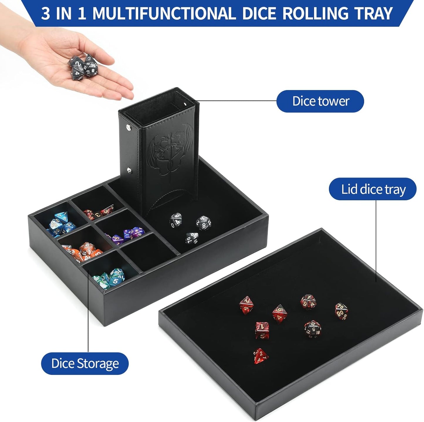 DND Dice Tray and Dice Tower with Storage, 3 in 1 Dice Rolling Tray with Lid, Portable Dice Box Storage, DND dice Holder for Dungeons and Dragons D&D RPG MTG Table Games (Black)