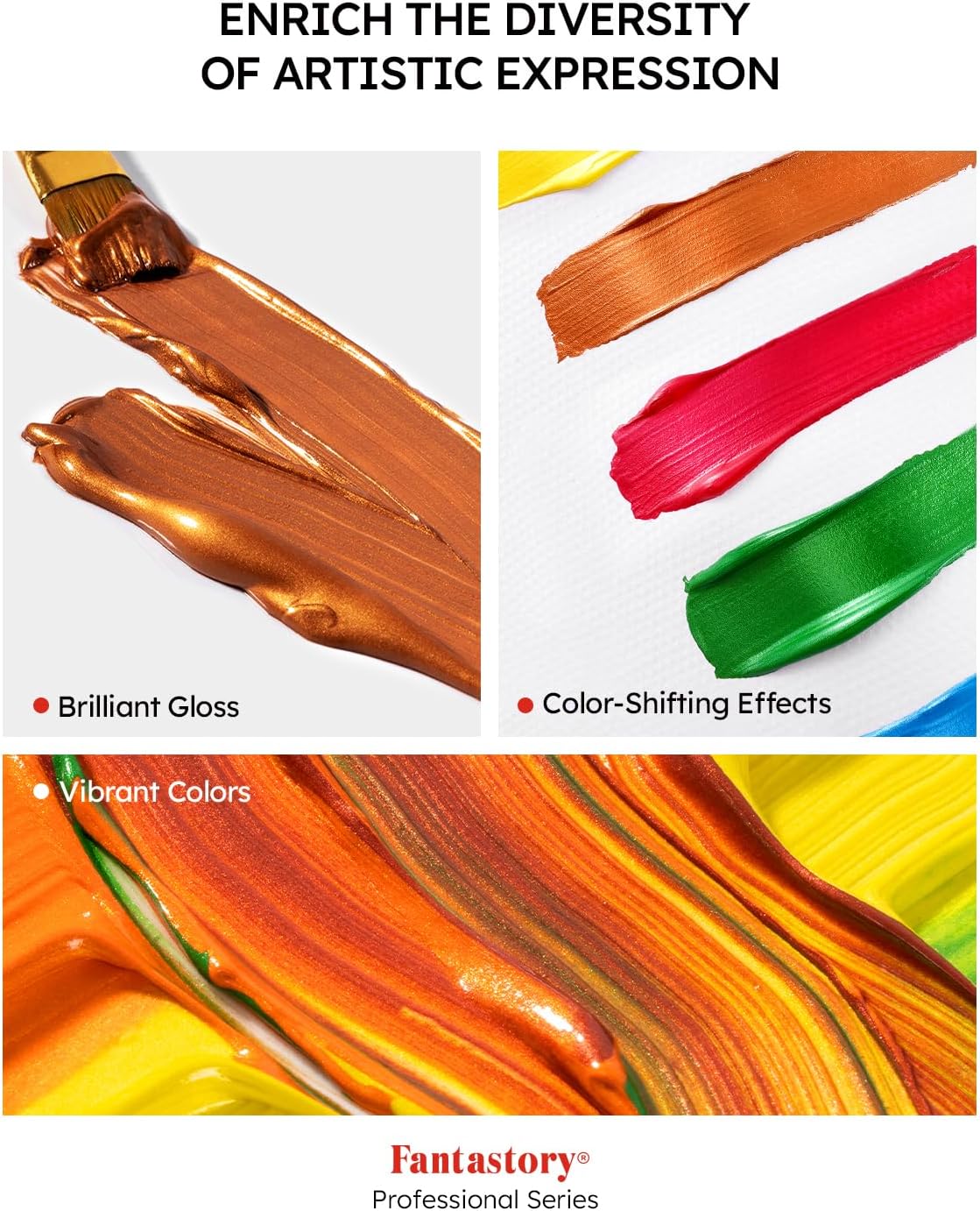 Fantastory Metallic Iridescent Acrylic Paint Set with 12 Brushes, 20 x 2oz Metallic Colors, Color-Shifting, Craft Paint Kit, Metal/Canvas/Rock/Stone/Ceramic/Model/Wood Painting [Professional Series]