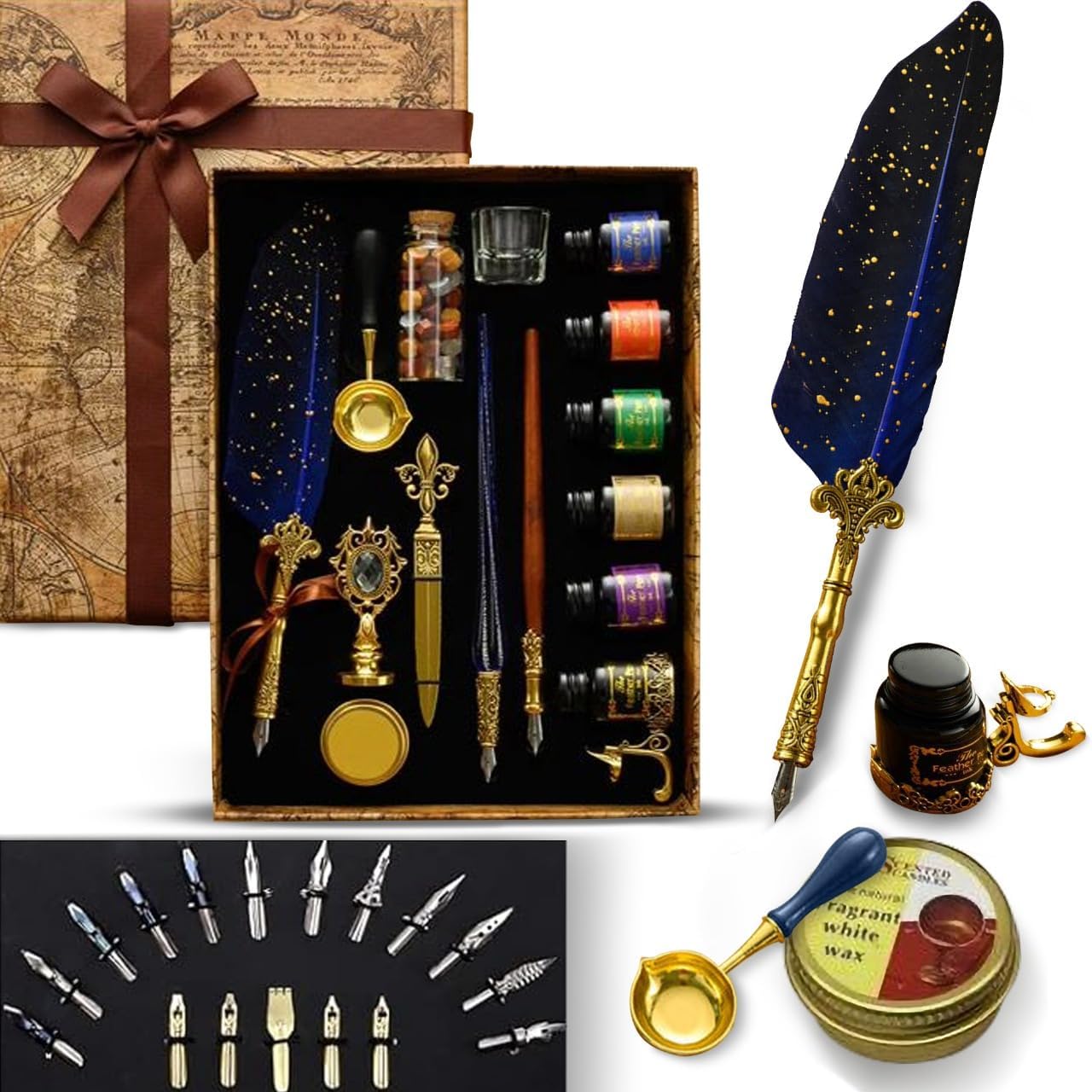 CASA BRAVA Vintage Calligraphy Set with Pen Nibs, Quill Feather Pen and Ink Set, Calligraphy Kit with Dip Pen Nibs and Wax Seal Stamp Kit, Ornate Holders, Gift Box