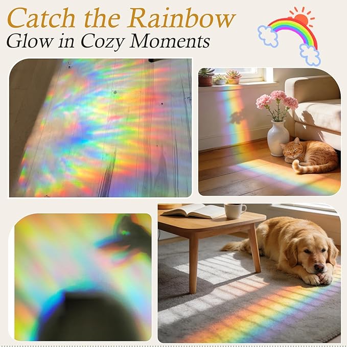 Windimiley Rainbow Window Privacy Film, 3D Stained Glass Christmas Decorative Window Clings, UV Heat Blocking Holographic Prism Stickers for Home(17.5 x 118.1In,Pure)