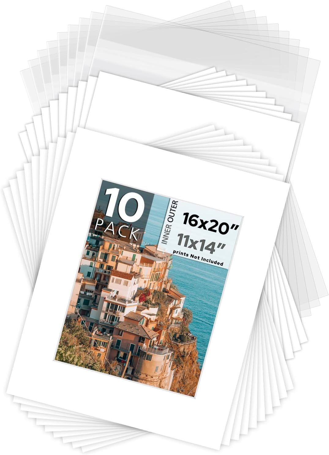Mat Board Center, Pack of 10, 16x20 for 11x14 White Picture Mat Sets - Acid Free, 4-ply Thickness, Bevel Pre-Cut White Core - Includes Backing Boards and Clear Bags - for Pictures, Photos, Framing