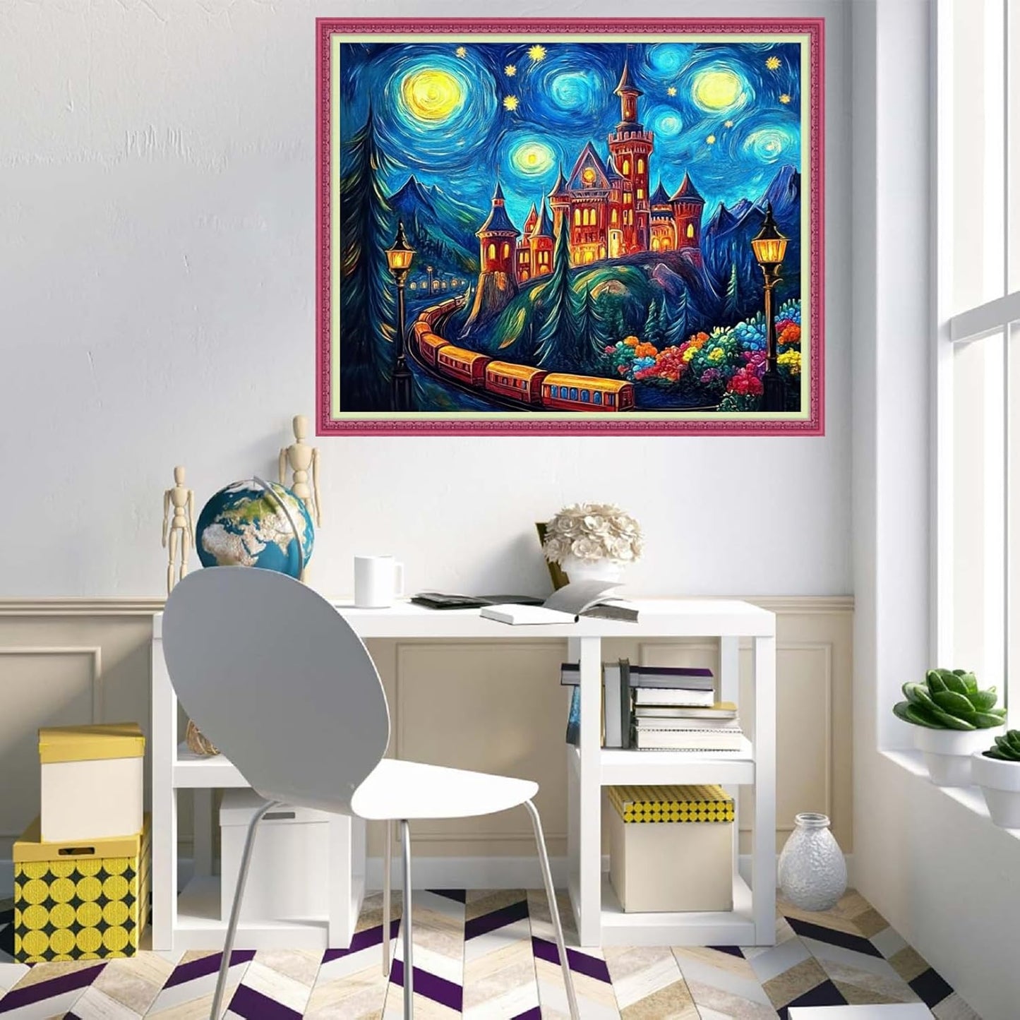 Disnesart Cross Stitch Stamped Full Embroidery Kits DIY 11CT Cotton Thread Printed DIY Needlepoint Kits Craft Needlework Set Cross-Stitch Stamped Sets-Van Gogh Starry Sky Castle 16x20 inch