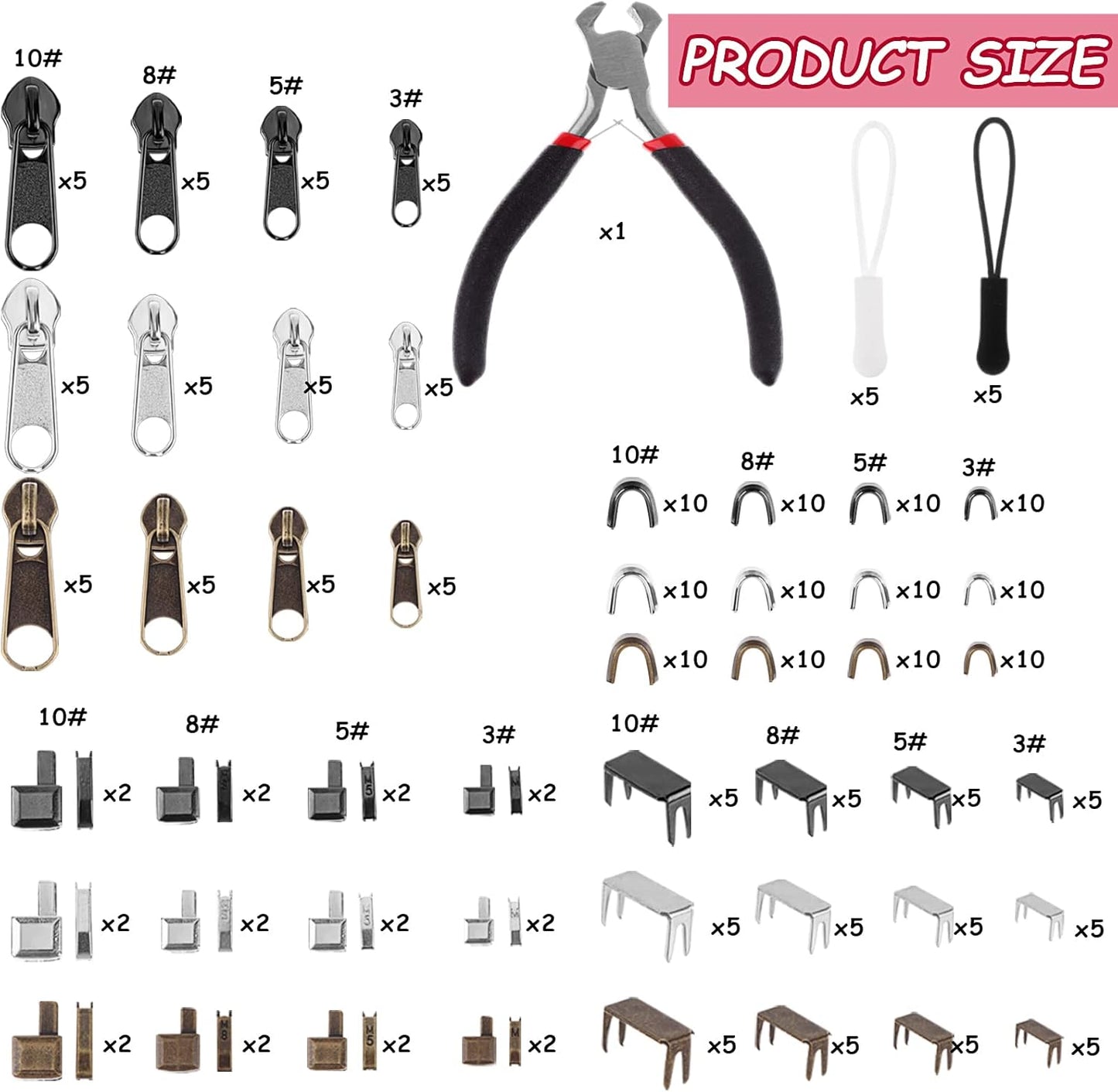 275 Pcs Zipper Repair Kit - Replacement Zipper Pulls & Sliders Set with Install Pliers for Jackets, Coats, Sleeping Bags, Backpacks