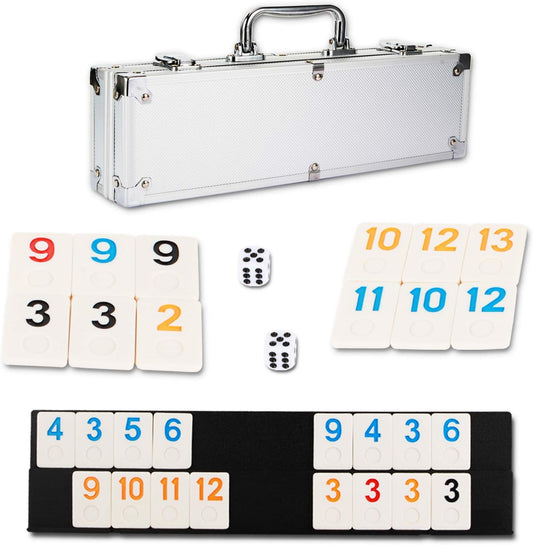 NOLIE 106 Tiles Rummy Cube Game Set with Aluminum Case and 4 Anti-Skid Durable Trays for 2-4 Players