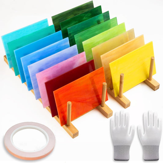 16 Sheets 4x6 in Iridescent Stained Glass Sheets, Glass Cathedral Art, Mosaic Glass, Supplies with Copper Foil Tape and Gloves for DIY (Opaque)